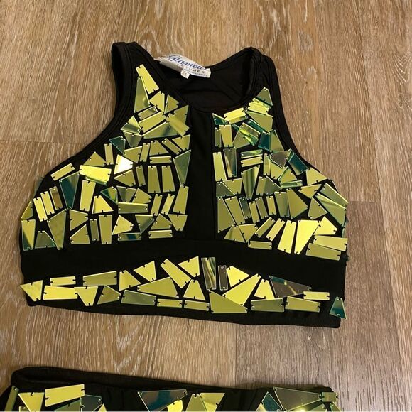 Glamour dance costume green broken glass two-piece rhinestone embellishment SA - Picture 3 of 14